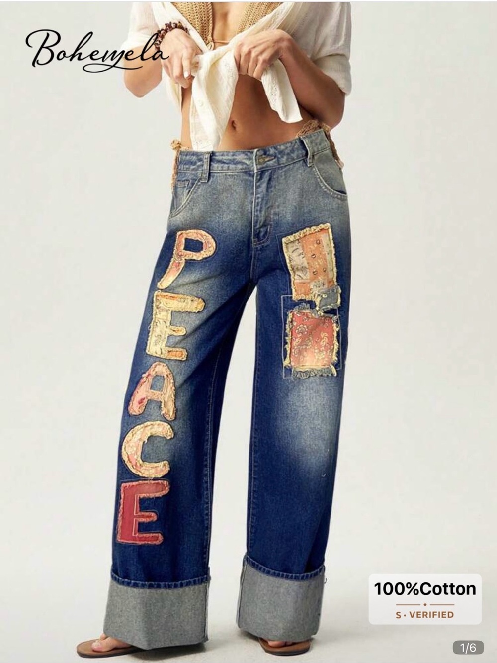 NWOT Dark Blue Patchwork 'PEACE' Wide-Leg, 100% Cotton Jeans, Size Medium (6/8)